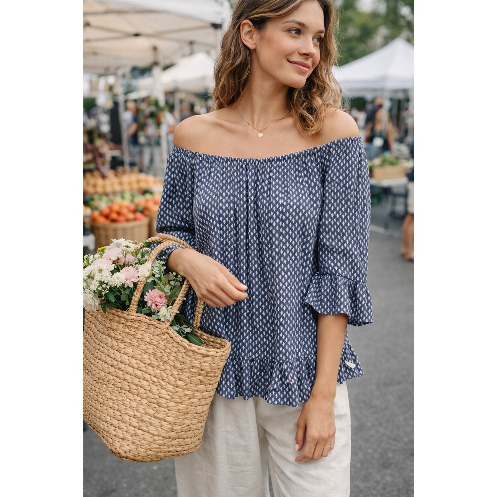 Grand & Greene Boho‎ Peasant Top Blue Print M Rayon Ruffle Hem Blouse